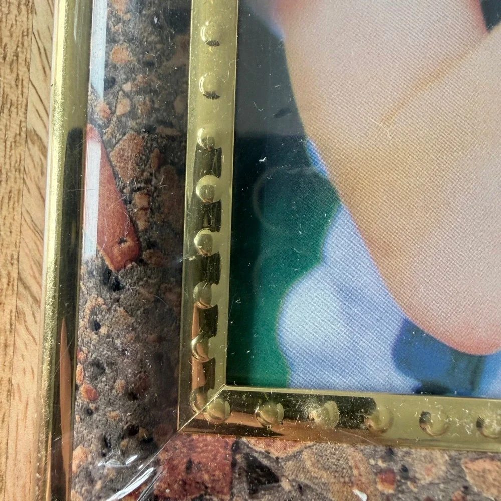 90s Vintage Style Gold Beaded Faux Stone 5x7 Picture Frame Tabletop Wall Mount